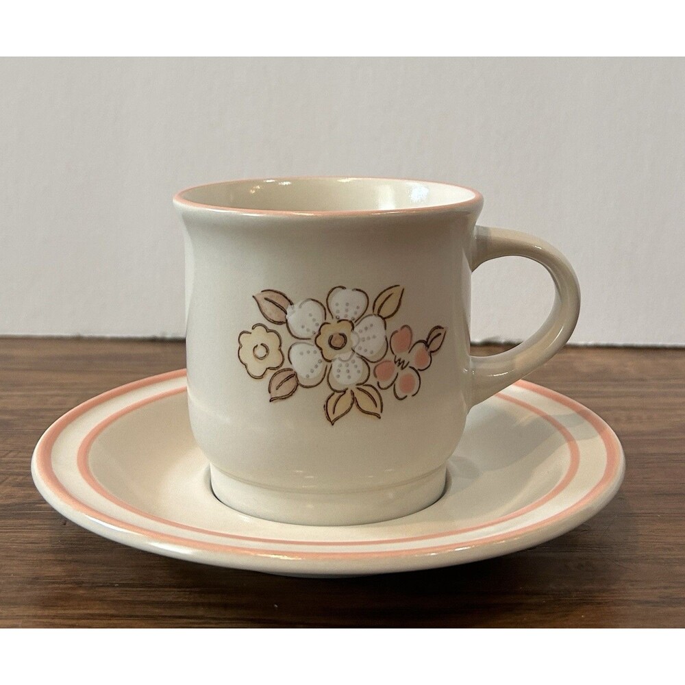 Vintage CHANTILLY FLEUR DE BOIS Stoneware Japan Coffee Mugs + Saucer Floral